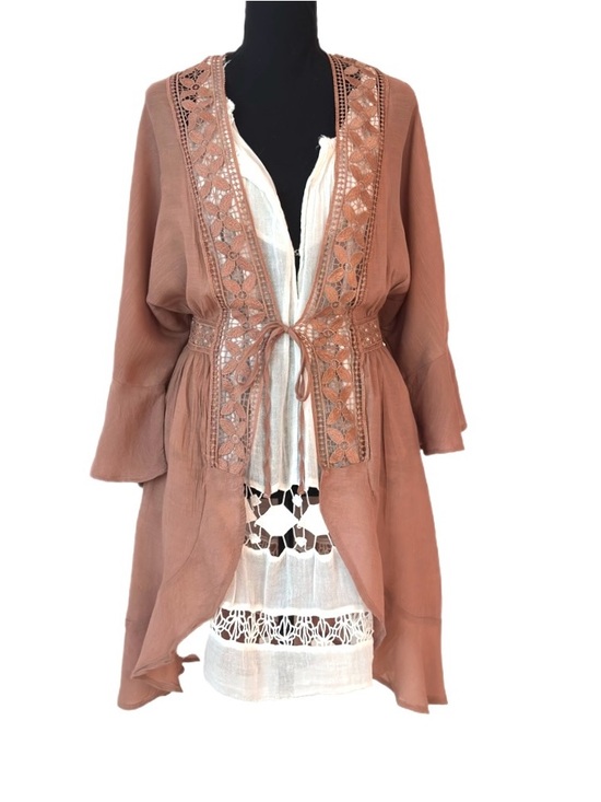 Love Tree Sweaters - LOVE TREE ~ Bohemian Mocha Kimono with Embroidered Trim size M